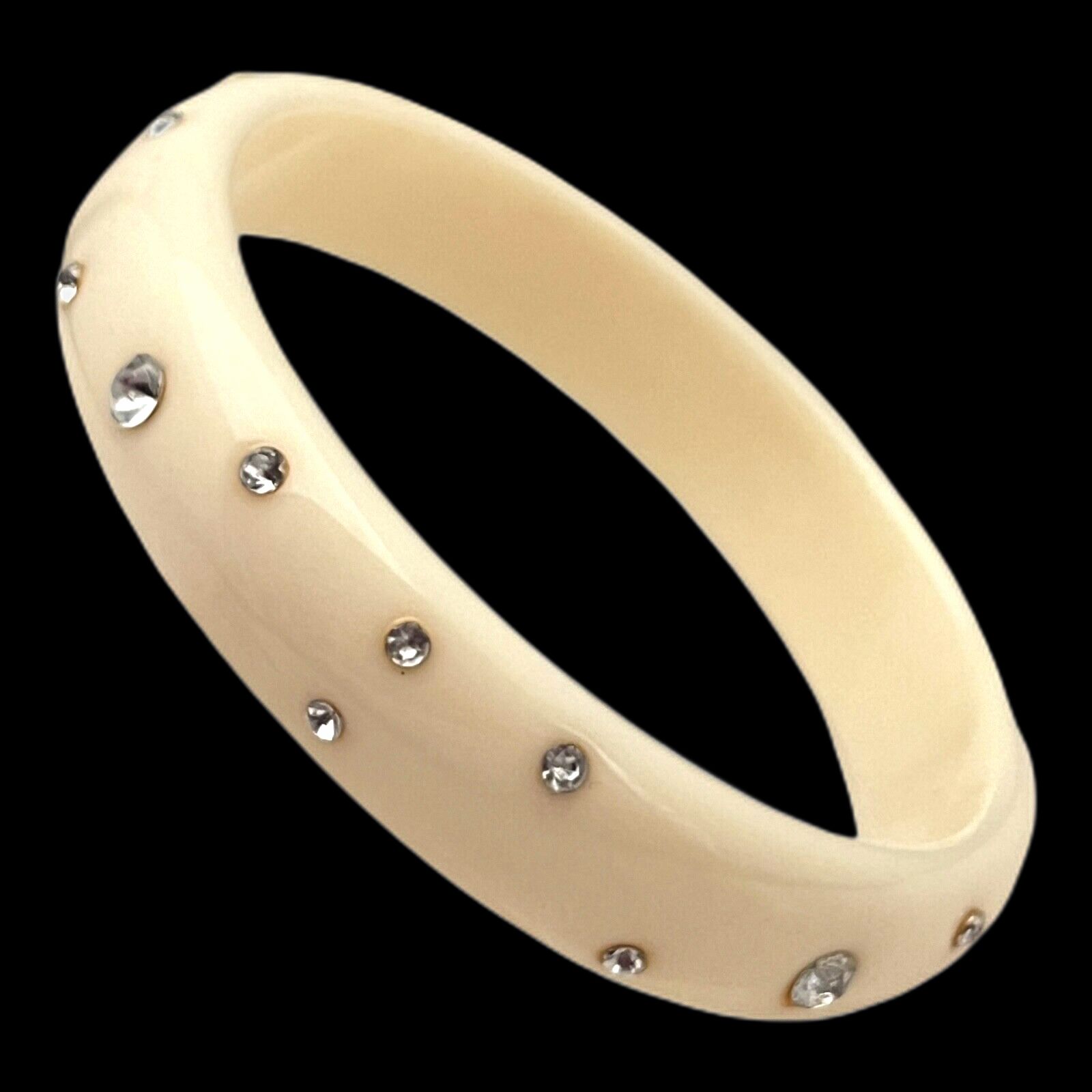 Vintage 1980s Bangle Bracelet Cream Lucite Rhinestone - 9o